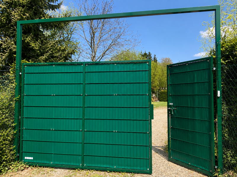 Sichtschutz-:Bauzaunplane nach Maß | PVC 600g, mit Eisen-Ösen in der Farbe grün an einem Zaun